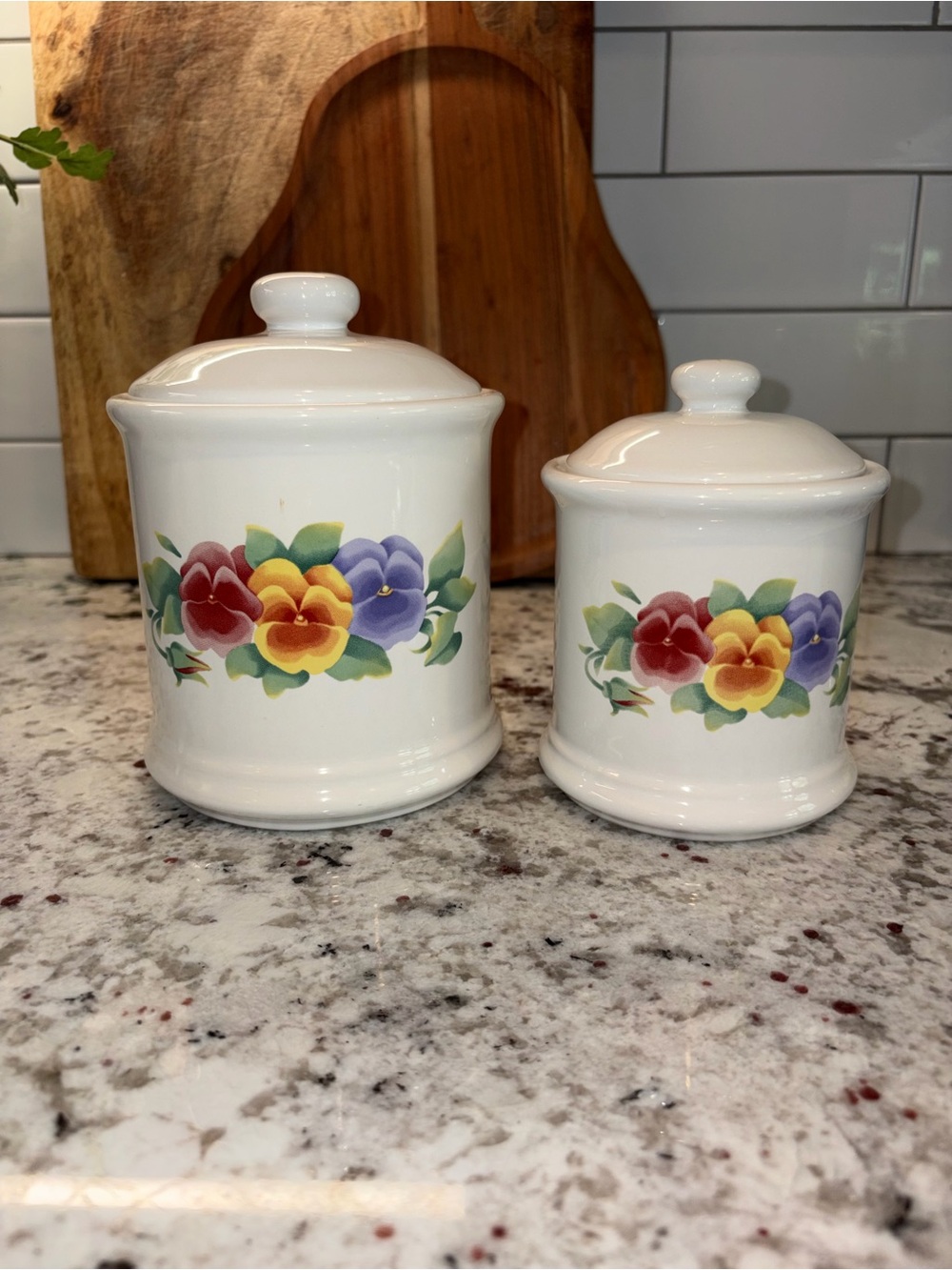 2 Vintage Floral Ceramic Canisters - Pansy Design w/ Lids